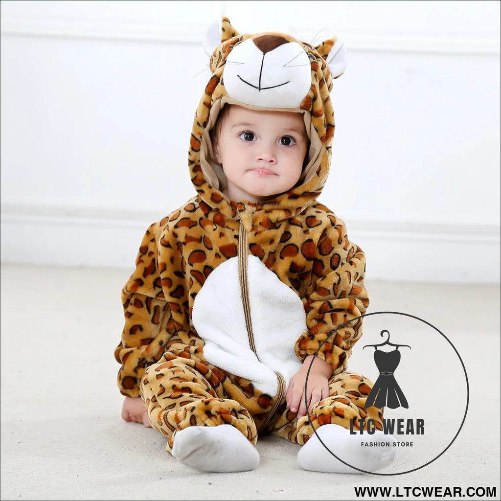 Flannel children’s crawling clothes baby clothes long sleeved hoodie newborn cartoon jumpsuit - new style leopard