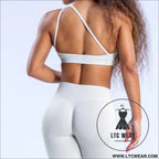 Flex & flow: backless shock-absorbing yoga bra set - feather rice shoulder bra + feather rice shorts / xs