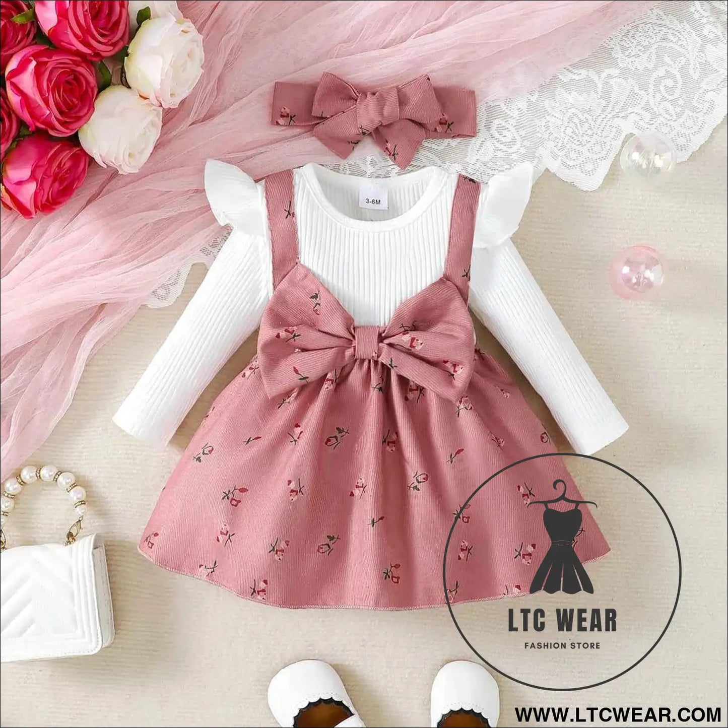 Floral Big Bow Dress Set for Infants 0-24 Months