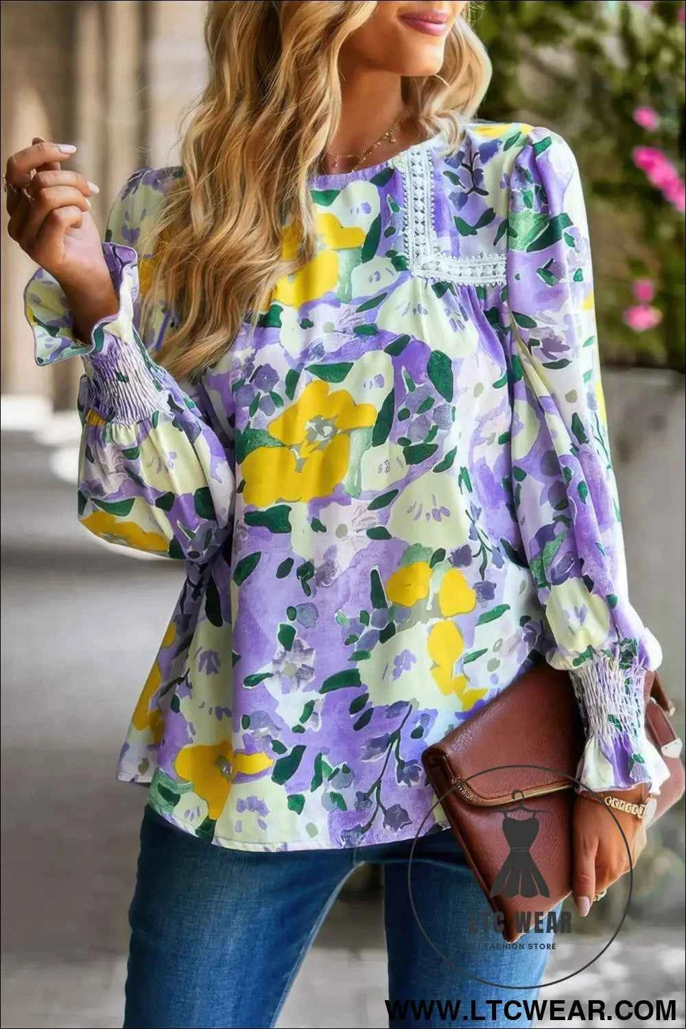 Floral Contrast Lace Trim Split Top
