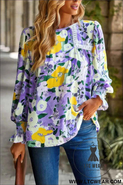 Floral Contrast Lace Trim Split Top