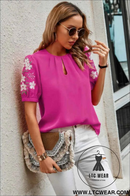 Floral Keyhole Neckline Loose Puff Sleeve Blouse