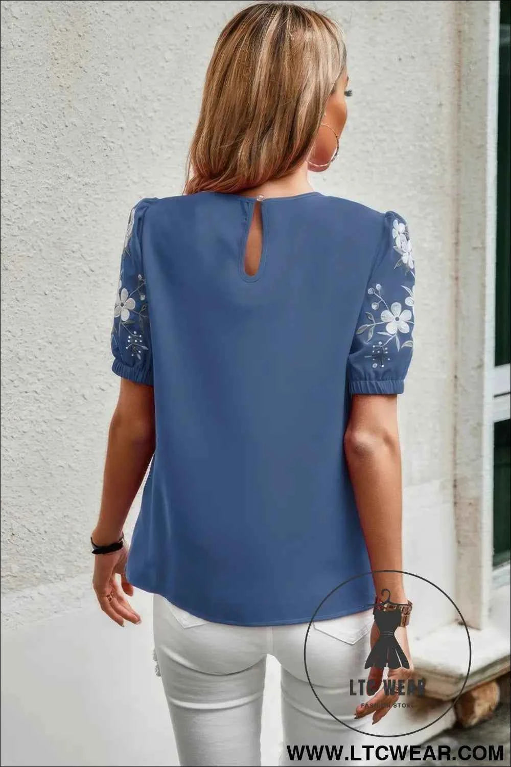 Floral Keyhole Neckline Loose Puff Sleeve Blouse