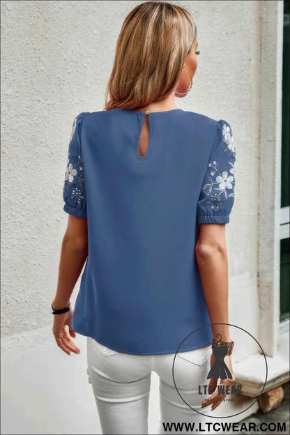 Floral Keyhole Neckline Loose Puff Sleeve Blouse