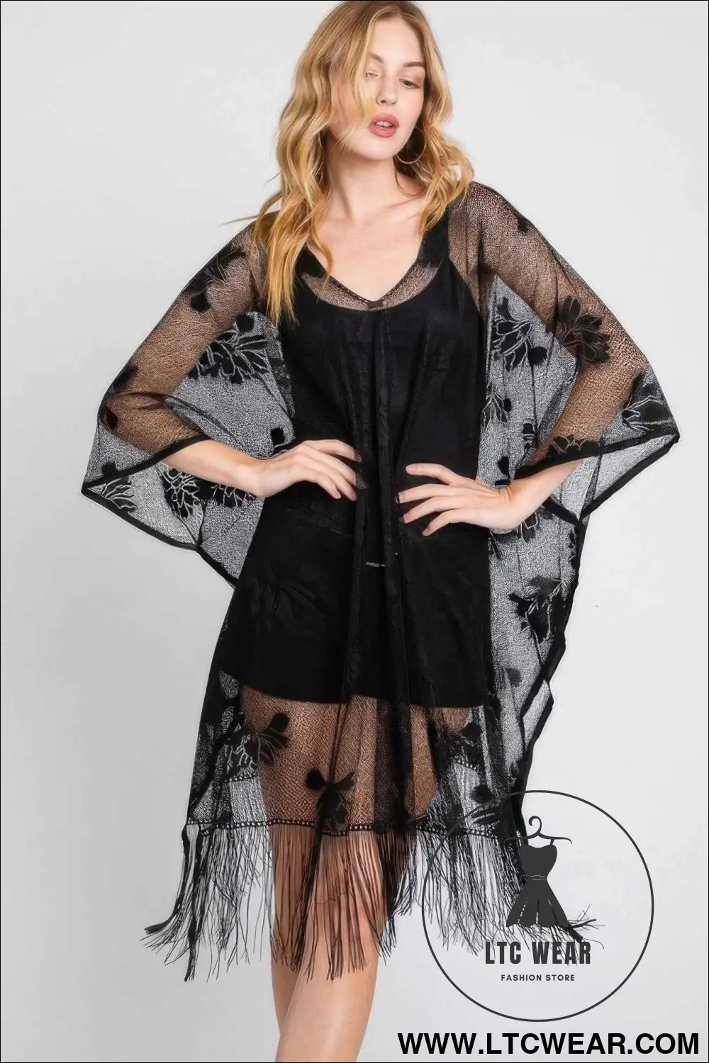 Floral Lace Poncho With Tassel
