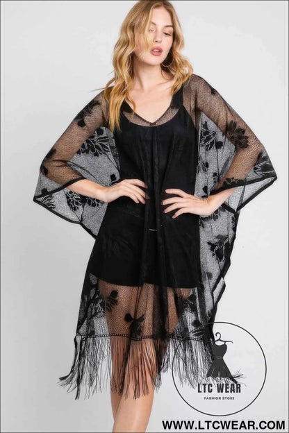 Floral Lace Poncho With Tassel