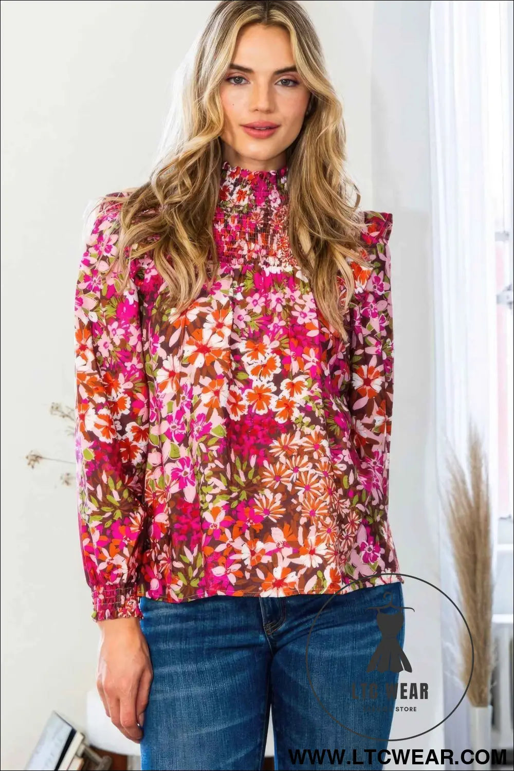 Floral Mock Neck Smocked Yoke Blouse