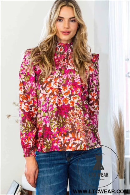 Floral Mock Neck Smocked Yoke Blouse