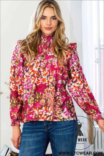Floral Mock Neck Smocked Yoke Blouse