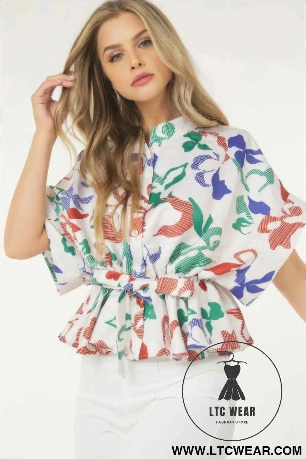 Floral Print Short Sleeve Top With Waist Tie