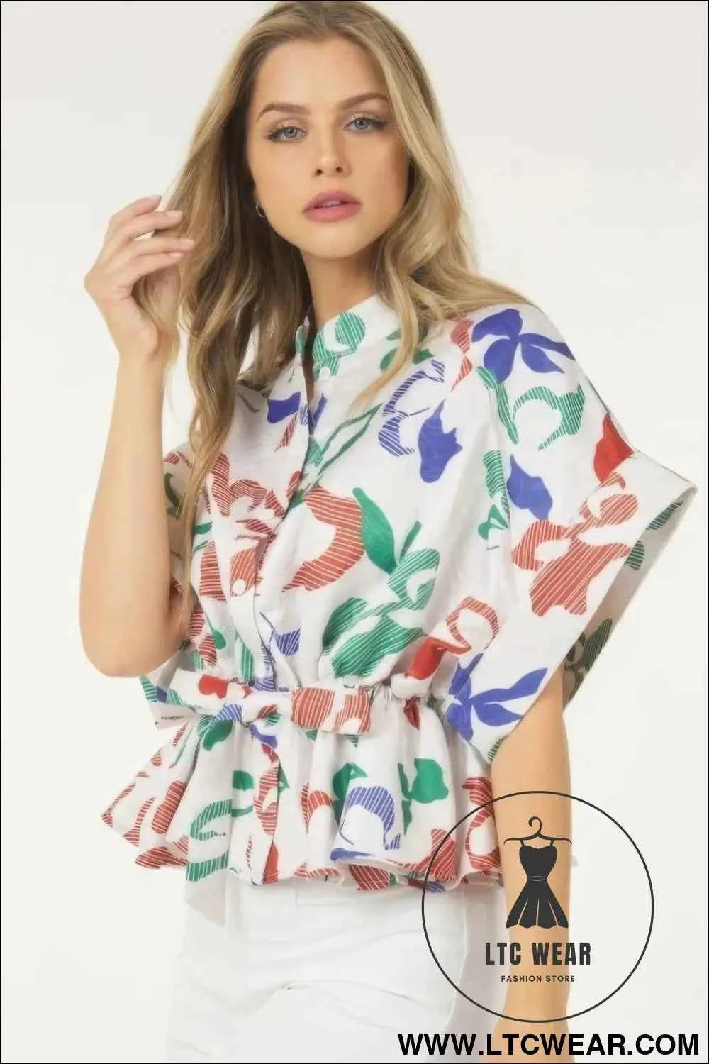 Floral Print Short Sleeve Top With Waist Tie