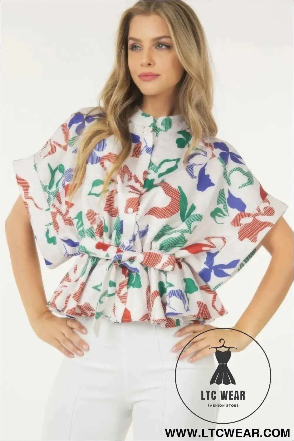 Floral Print Short Sleeve Top With Waist Tie