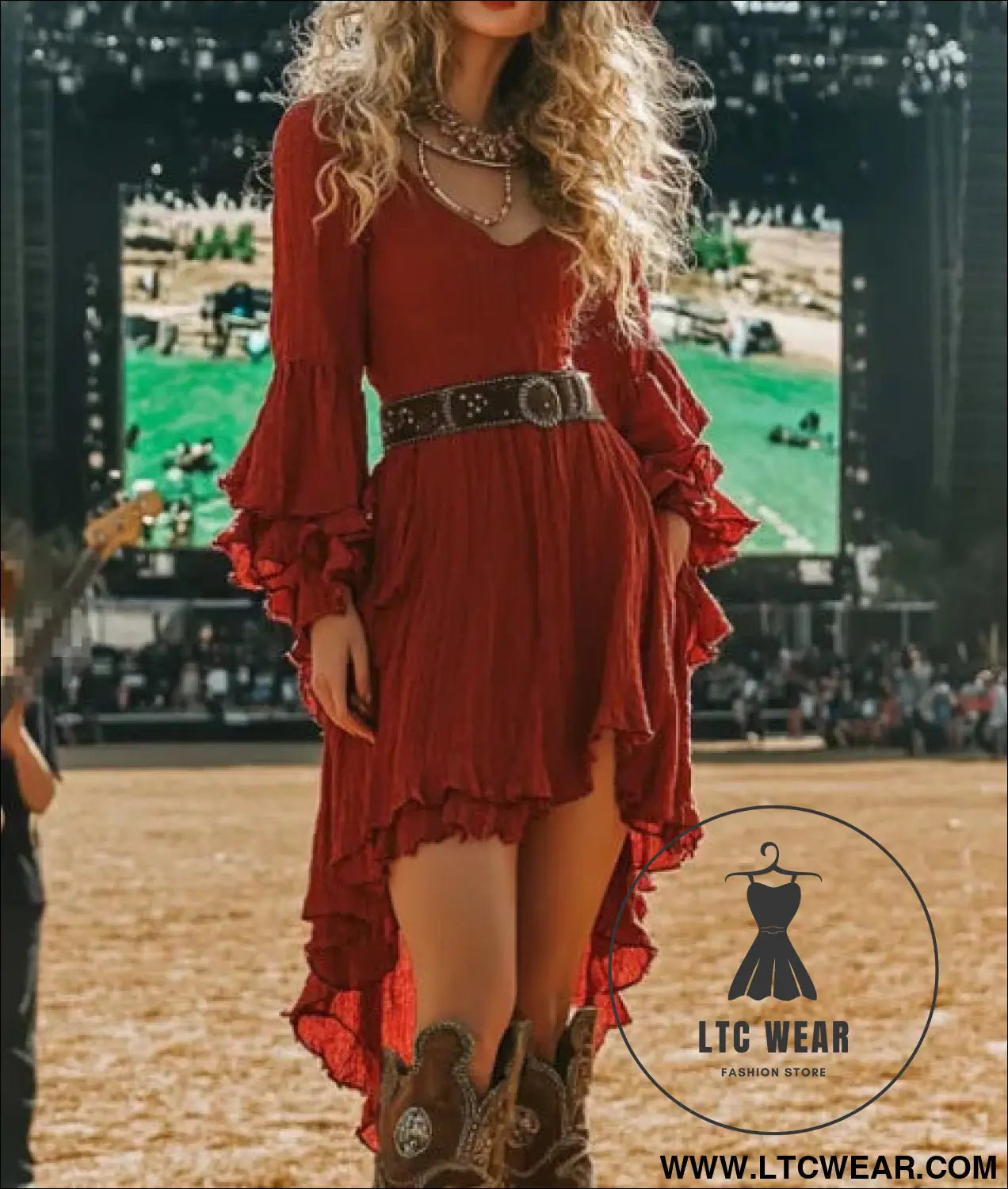 Floral ruffle hem tassel detail vintage bohemian solid color maxi dress - red / xs