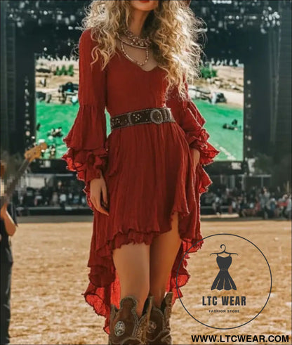 Floral ruffle hem tassel detail vintage bohemian solid color maxi dress - red / xs