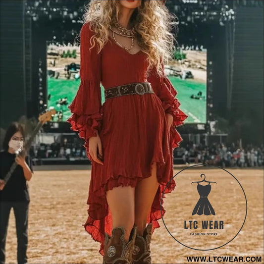 Floral ruffle hem tassel detail vintage bohemian solid color maxi dress