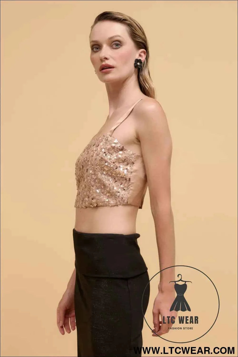 Floral sequins straight neck crop top