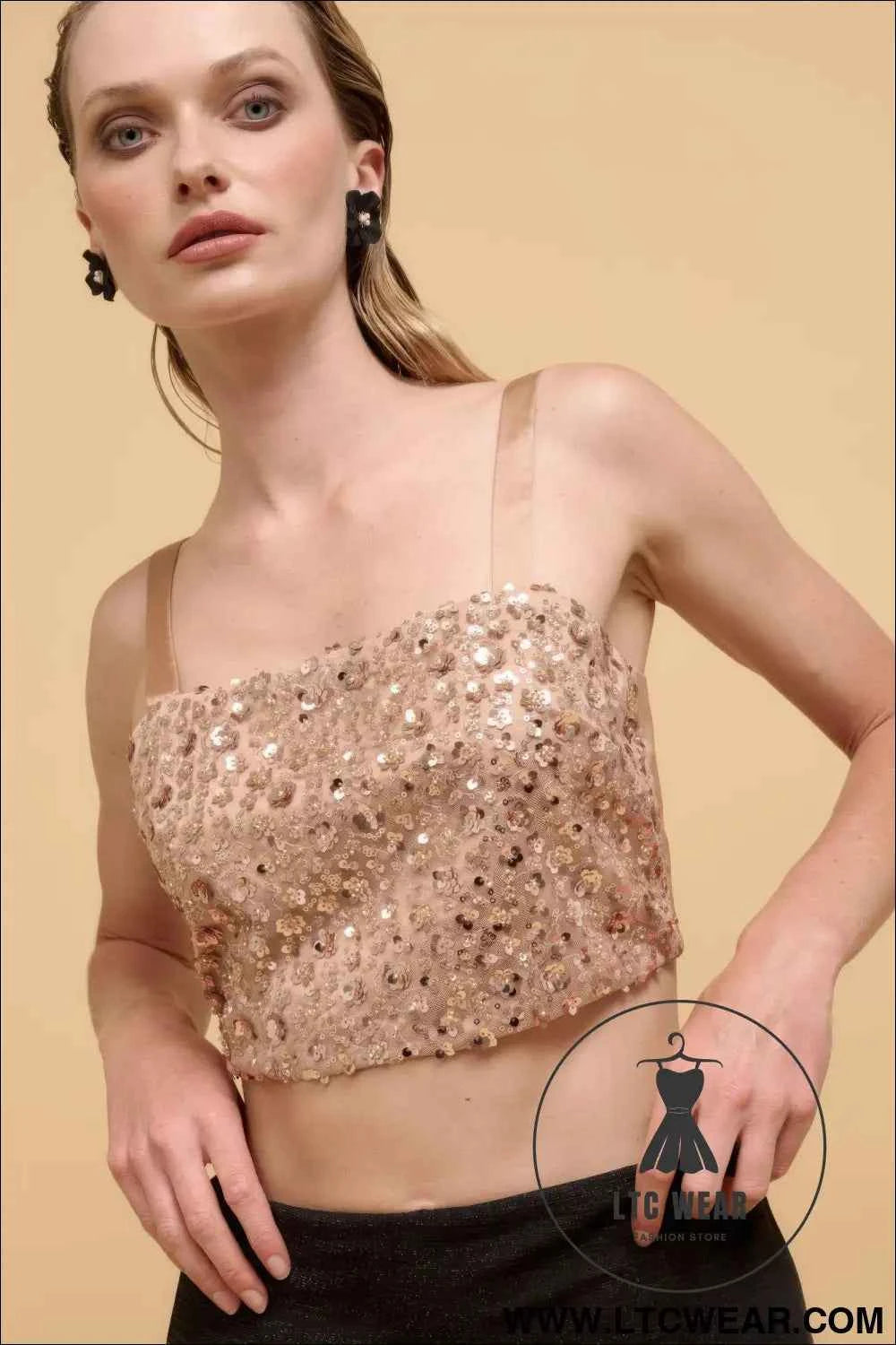 Floral sequins straight neck crop top