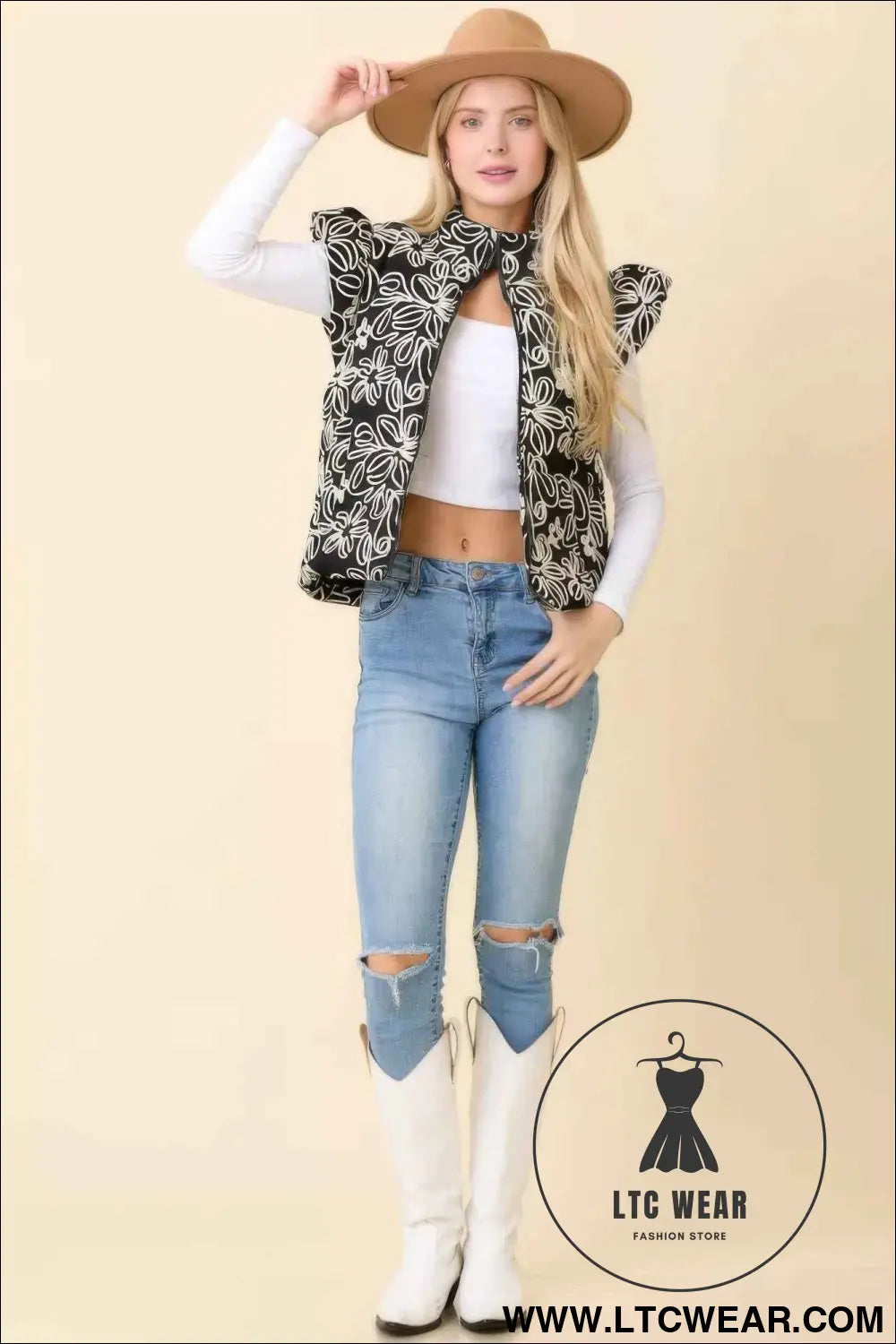Floral Velvet Embroidered Denim Puffer Vest