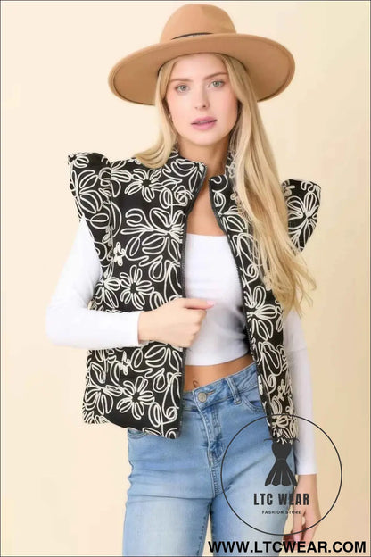 Floral Velvet Embroidered Denim Puffer Vest