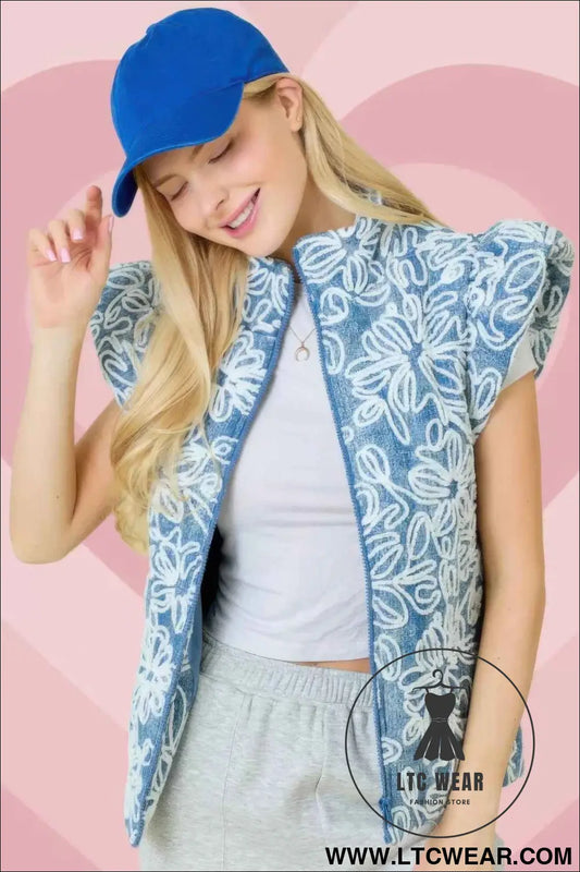 Floral Velvet Embroidered Denim Puffer Vest