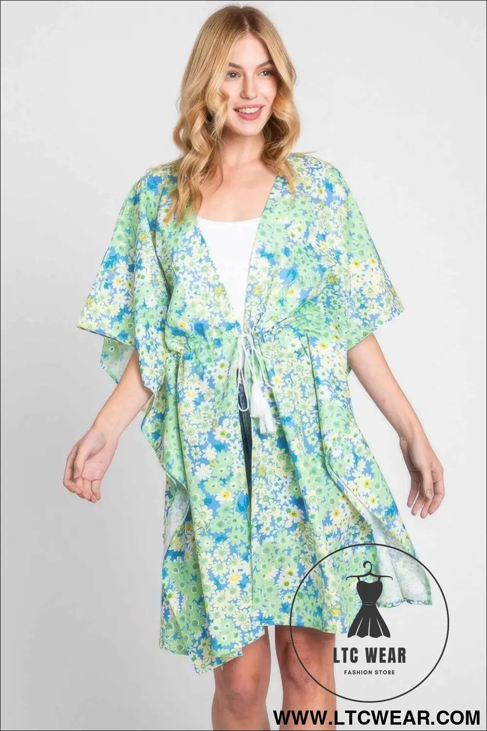 Flower Print Self-tie Drawstring Open Front Cover