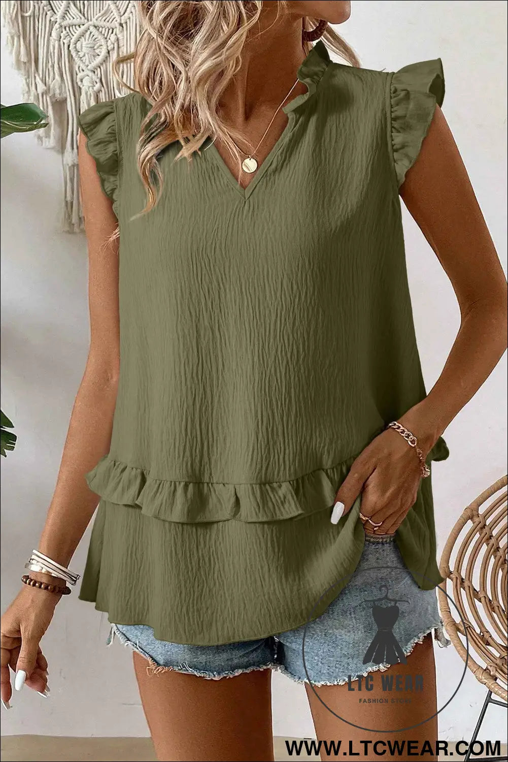 Four Leaf Clover Notched V Neck Ruffle Detail Tank Top