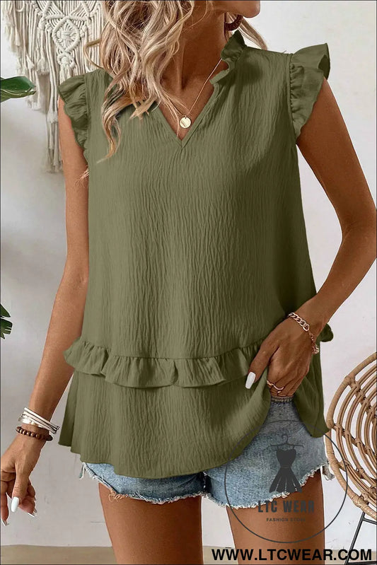 Four Leaf Clover Notched V Neck Ruffle Detail Tank Top