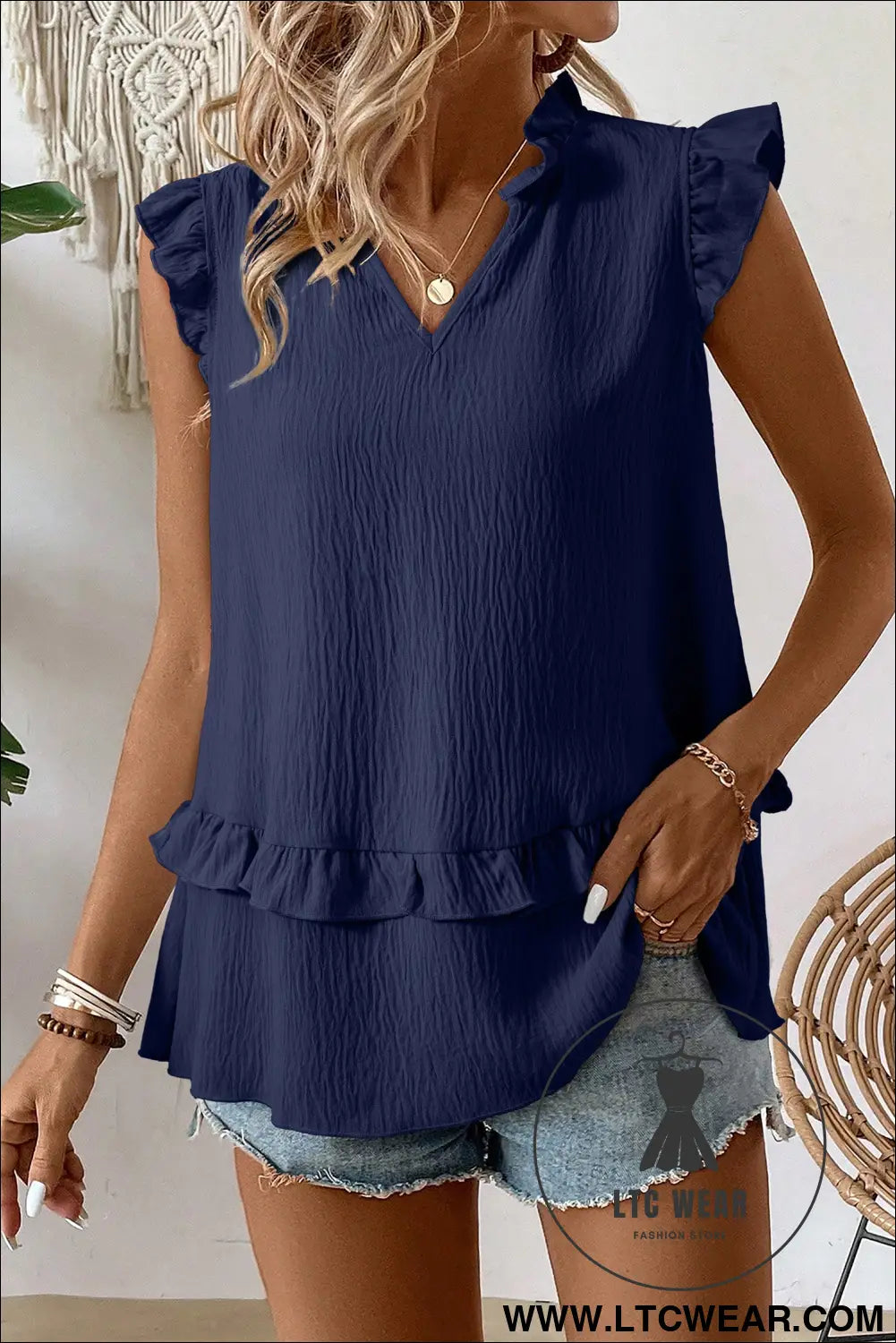 Four Leaf Clover Notched V Neck Ruffle Detail Tank Top - L.T.C Wear Online Fashion Store
