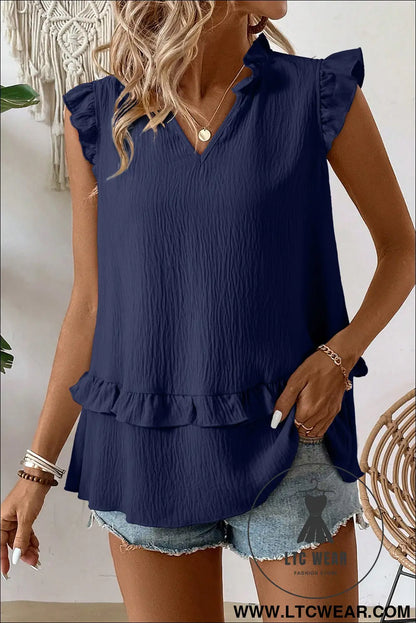 Four Leaf Clover Notched V Neck Ruffle Detail Tank Top - L.T.C Wear Online Fashion Store