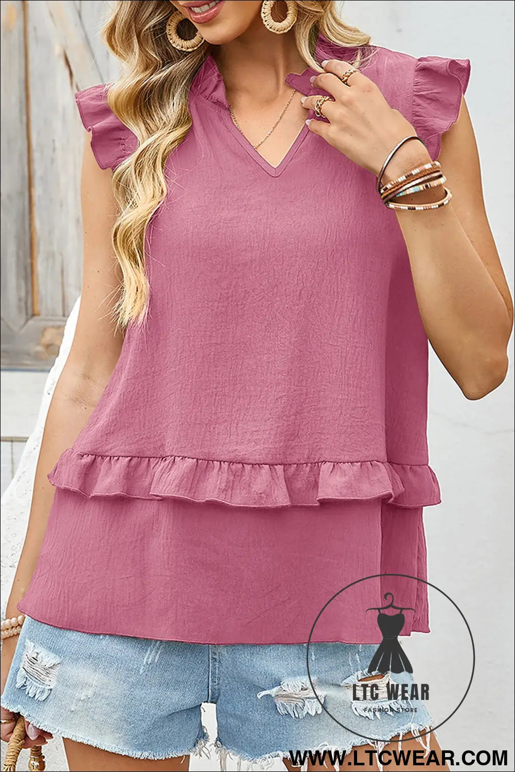Four Leaf Clover Notched V Neck Ruffle Detail Tank Top - L.T.C Wear Online Fashion Store