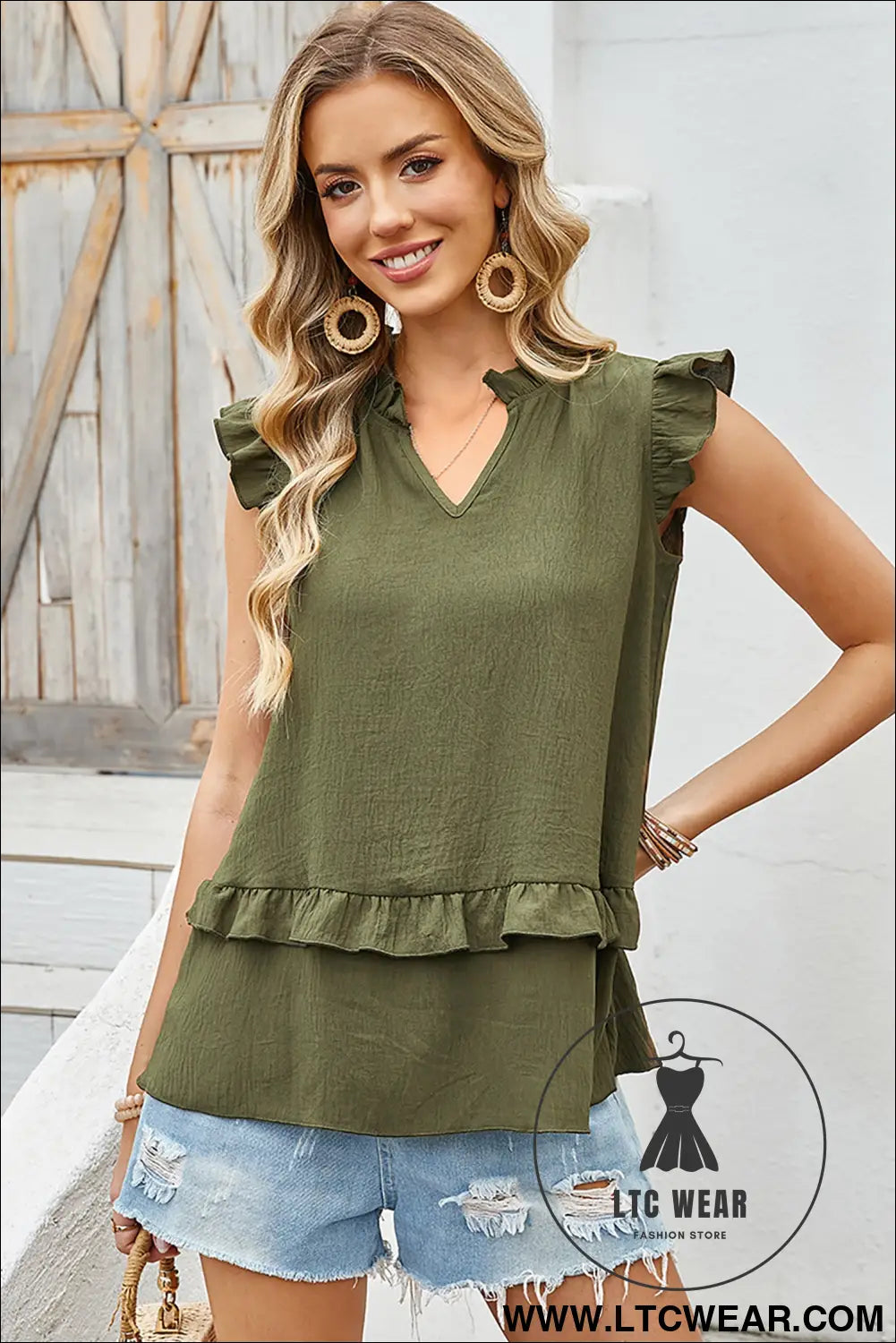Four Leaf Clover Notched V Neck Ruffle Detail Tank Top - L.T.C Wear Online Fashion Store