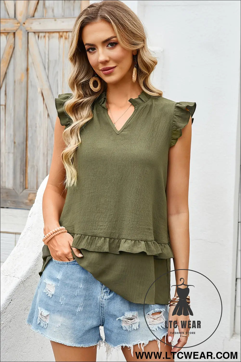 Four Leaf Clover Notched V Neck Ruffle Detail Tank Top - L.T.C Wear Online Fashion Store