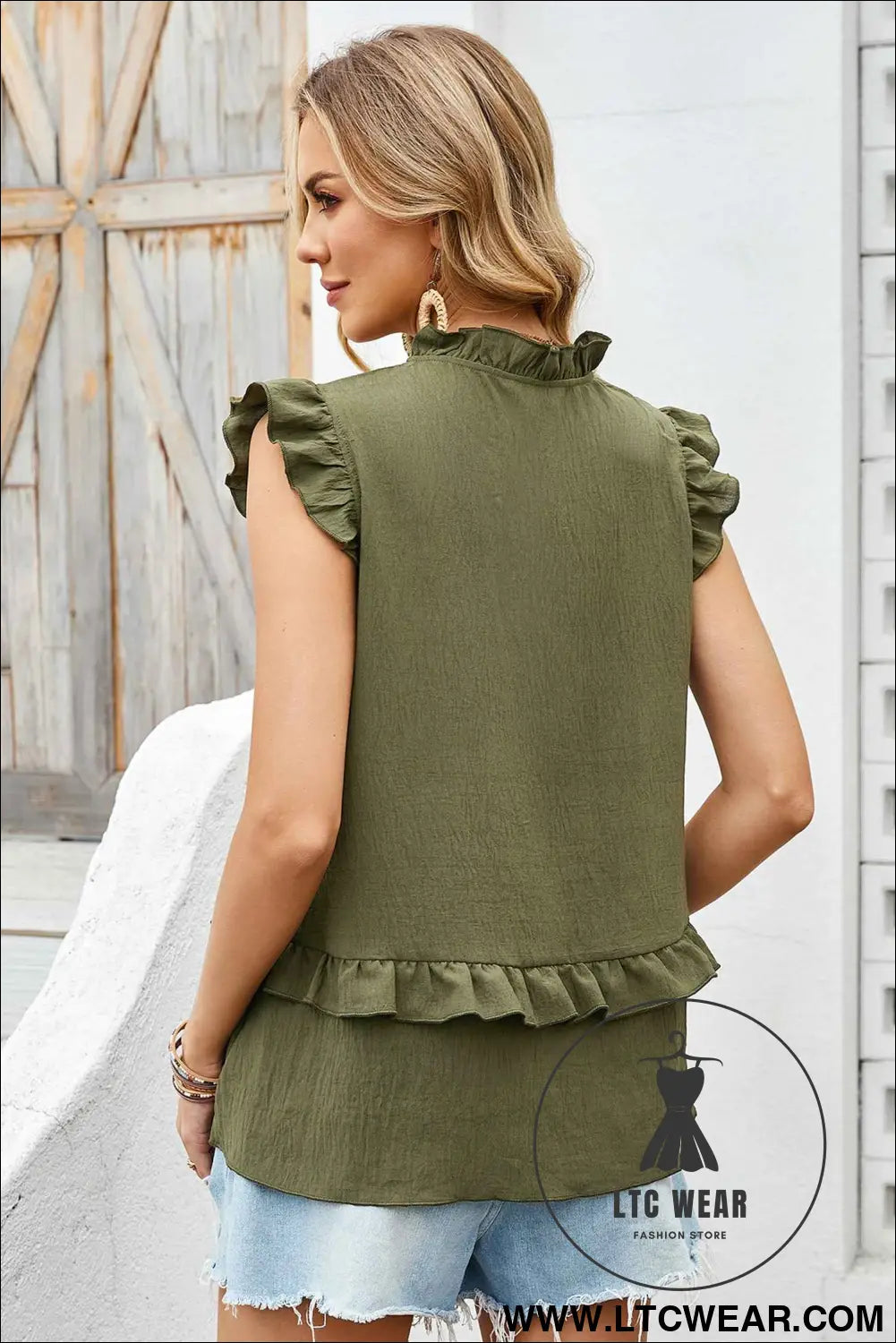 Four Leaf Clover Notched V Neck Ruffle Detail Tank Top