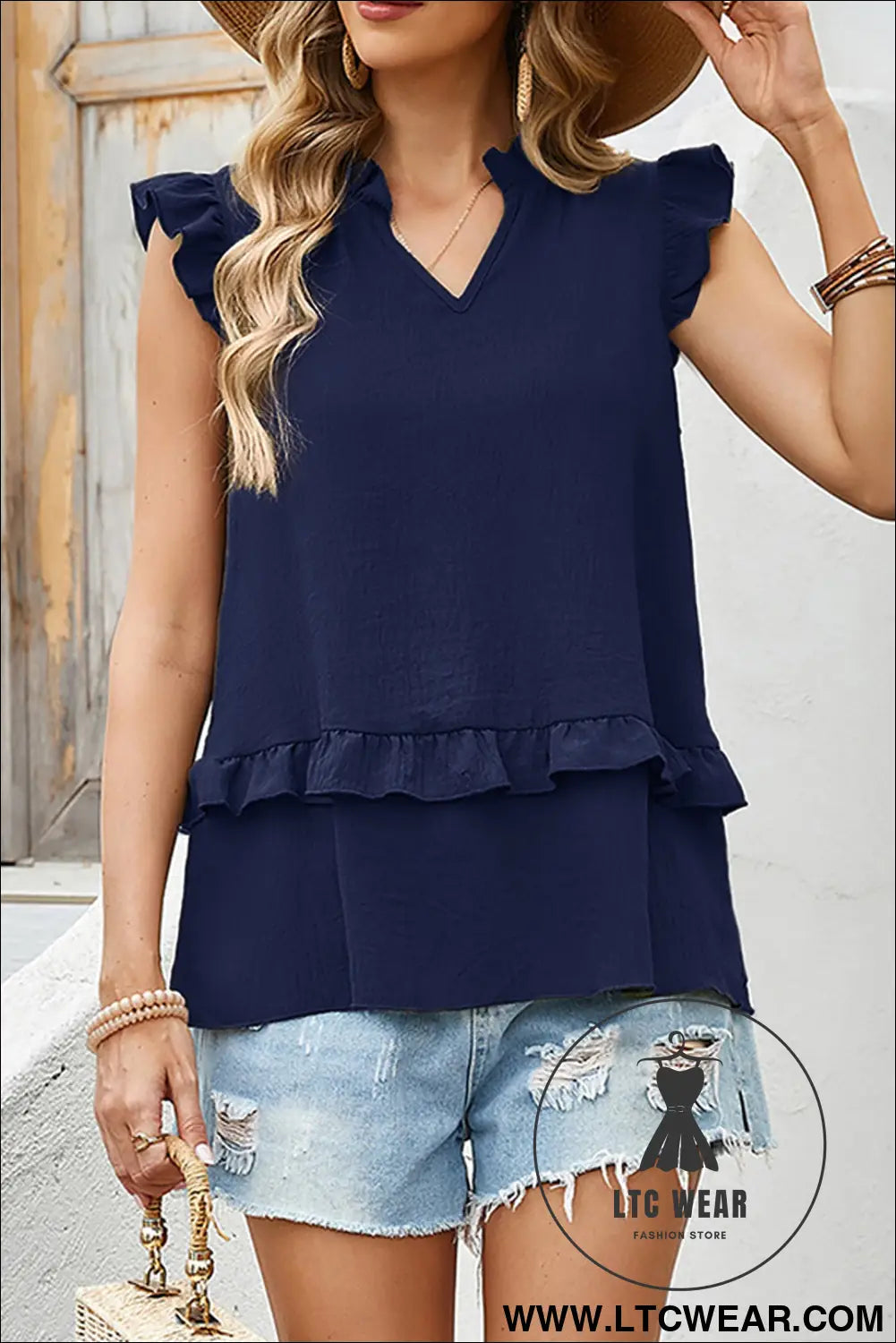 Four Leaf Clover Notched V Neck Ruffle Detail Tank Top - L.T.C Wear Online Fashion Store