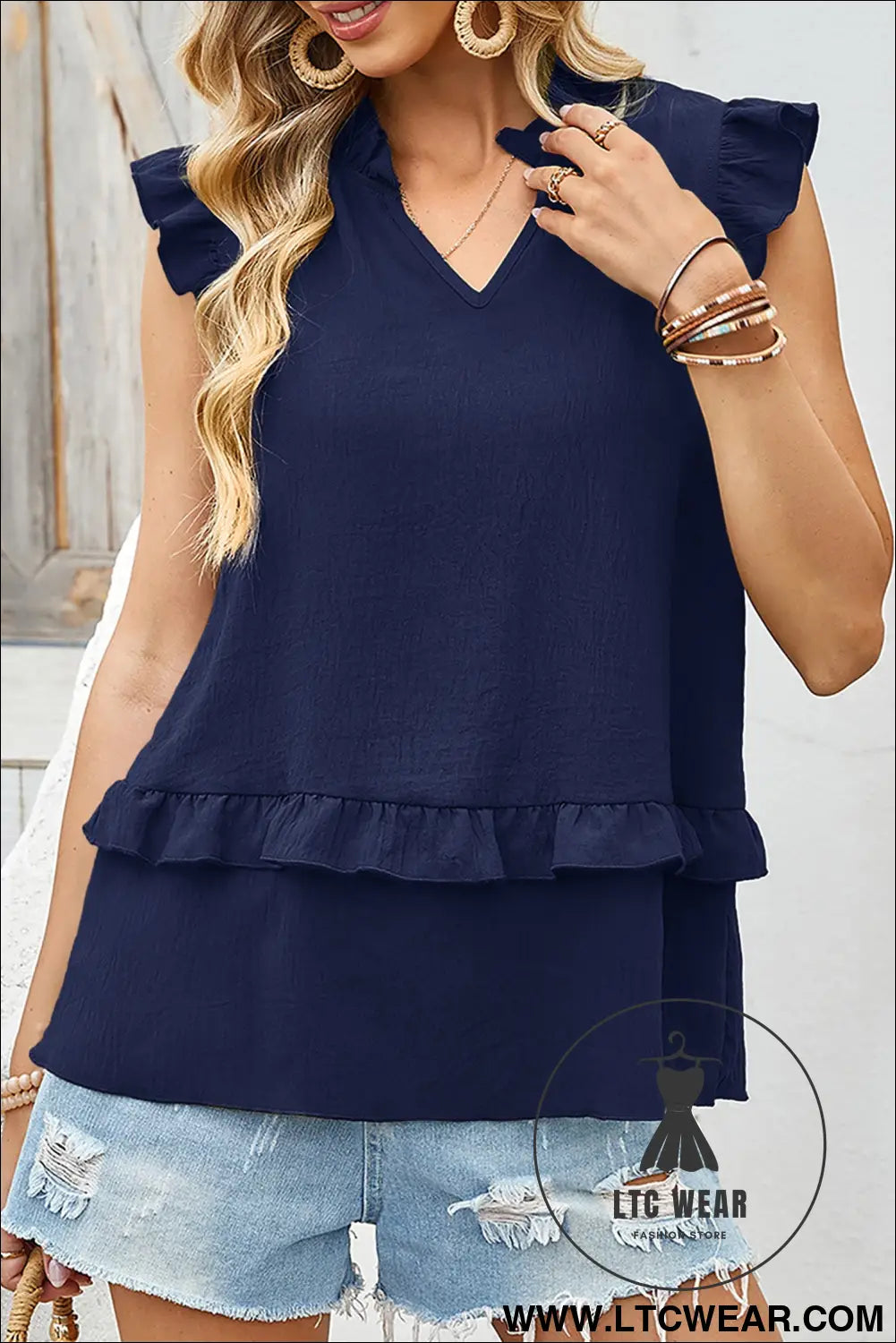 Four Leaf Clover Notched V Neck Ruffle Detail Tank Top - L.T.C Wear Online Fashion Store