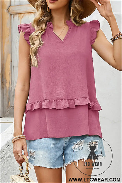 Four Leaf Clover Notched V Neck Ruffle Detail Tank Top - L.T.C Wear Online Fashion Store