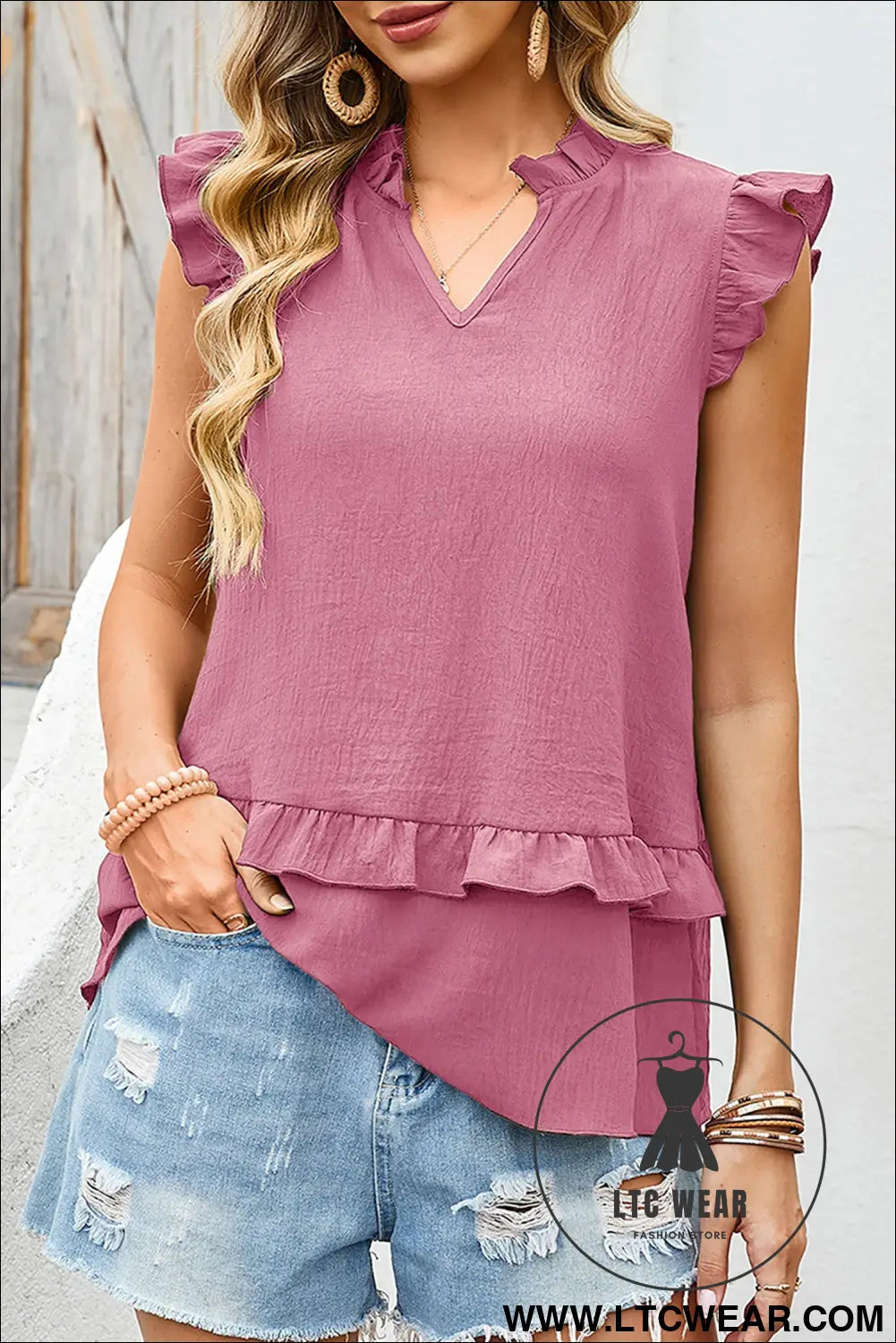 Four Leaf Clover Notched V Neck Ruffle Detail Tank Top - L.T.C Wear Online Fashion Store