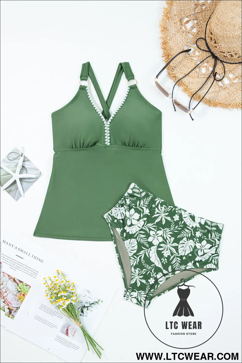 Four leaf clover o-ring knot back straps ricrac trim v neck tankini contrast printed swim short 2pcs set - tankinis