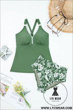 Four leaf clover o-ring knot back straps ricrac trim v neck tankini contrast printed swim short 2pcs set - tankinis