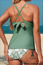 Four leaf clover o-ring knot back straps ricrac trim v neck tankini contrast printed swim short 2pcs set - tankinis
