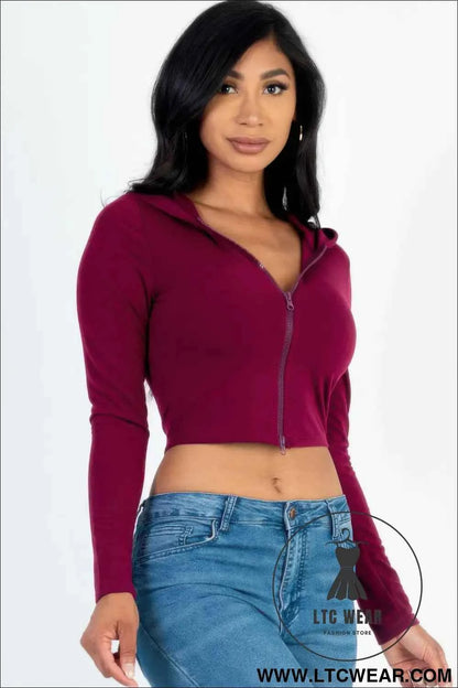 French Terry Crop Zip Up Hoodie