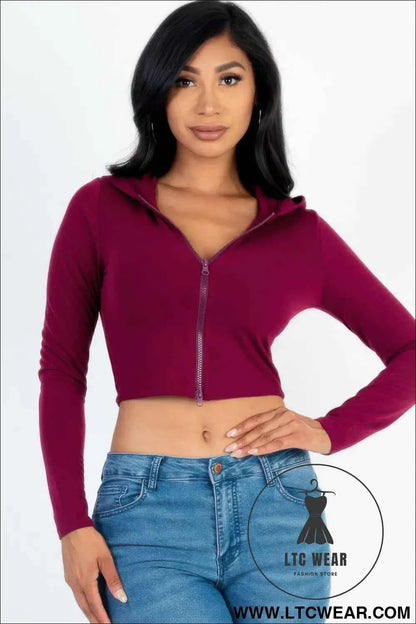 French Terry Crop Zip Up Hoodie