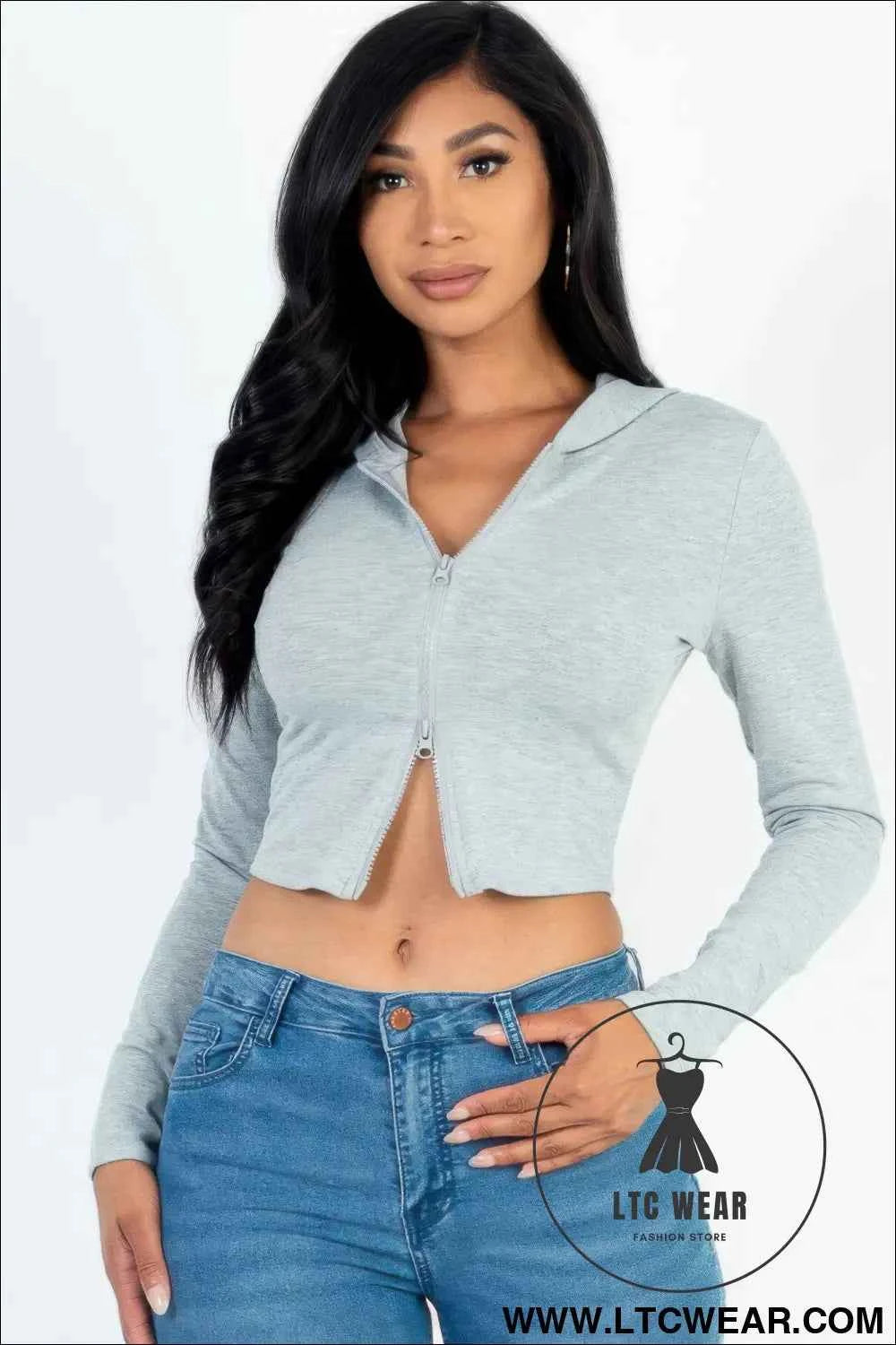 French Terry Crop Zip Up Hoodie