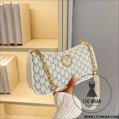 French Vintage Letter Print Underarm Bag with Chain  M Logo