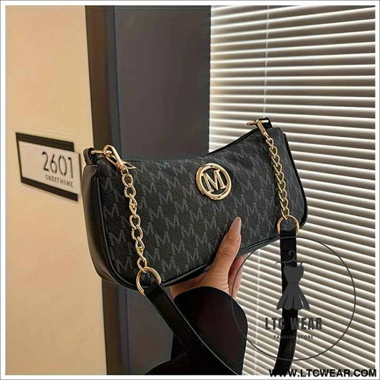 French Vintage Letter Print Underarm Bag with Chain  M Logo