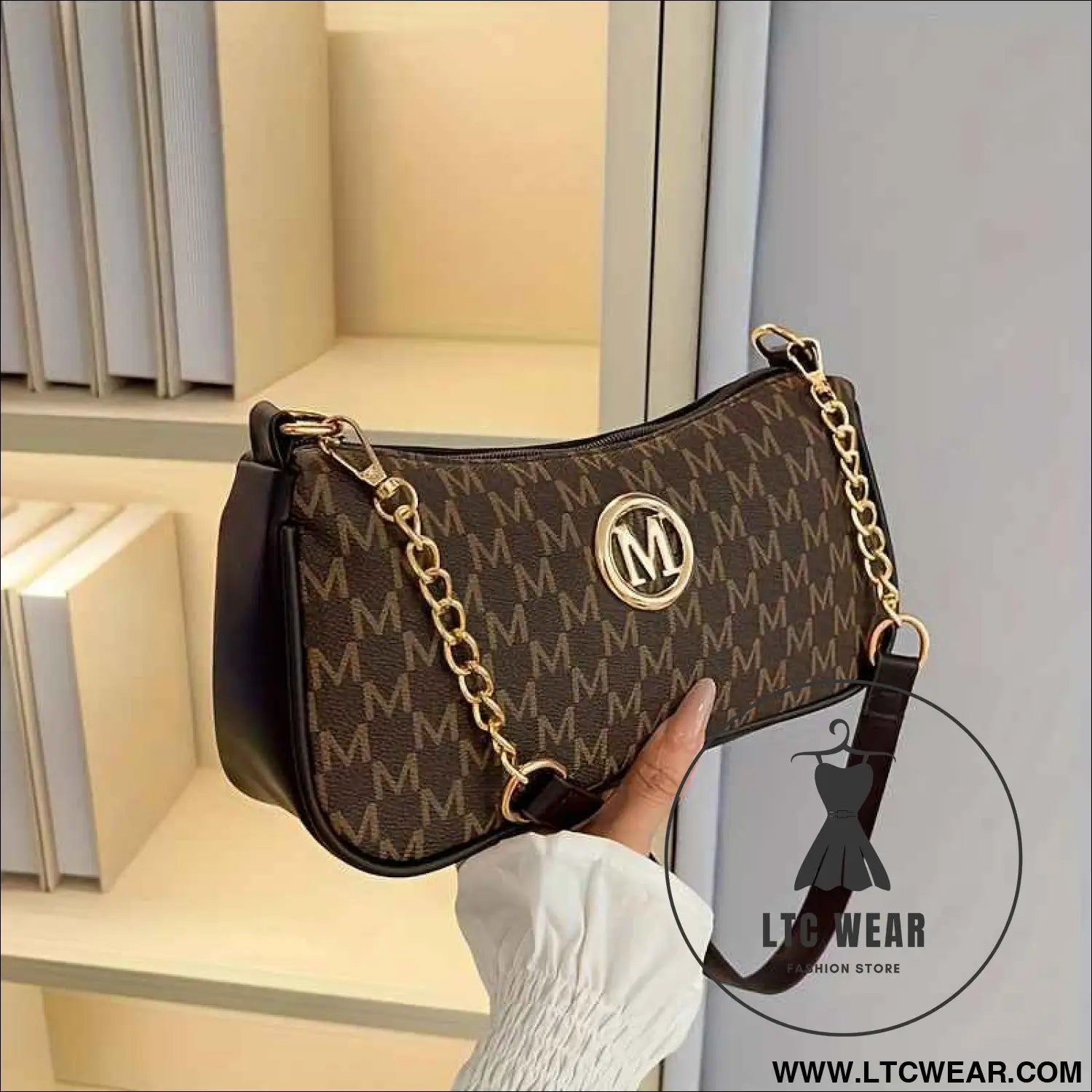 French Vintage Letter Print Underarm Bag with Chain  M Logo