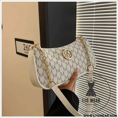 French Vintage Letter Print Underarm Bag with Chain  M Logo