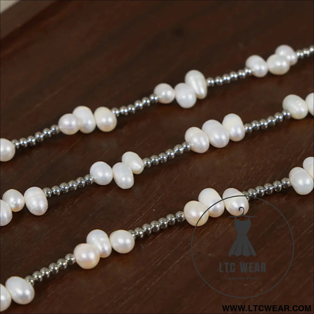 Freshwater pearl titanium steel bead necklace - silver / one size