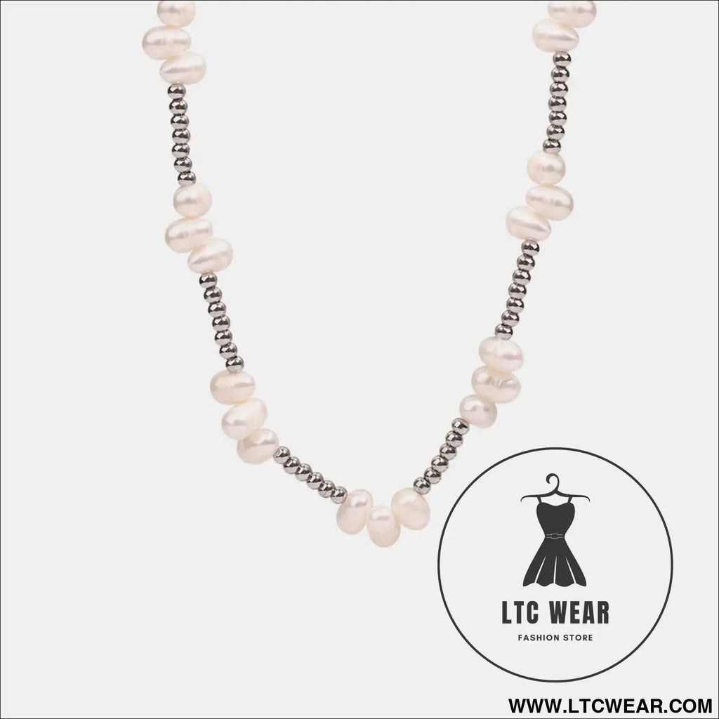 Freshwater pearl titanium steel bead necklace - silver / one size