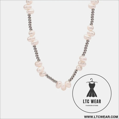 Freshwater pearl titanium steel bead necklace - silver / one size